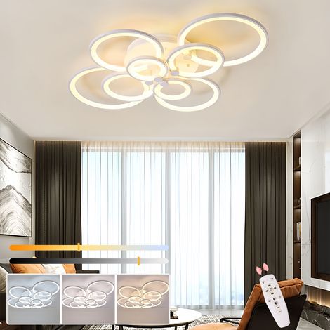 Plafonnier moderne 128 W avec télécommande, 8 anneaux lumineux - Plafonnier LED à intensité variable, 3 températures de couleur, φ 96 cm, blanc (1/5)