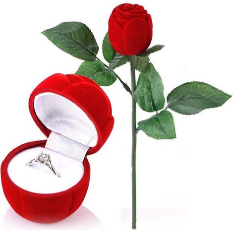 Boîte à bijoux en velours avec rose à longue tige, écrin à bague romantique pour demande en mariage, fiançailles et Saint-Valentin, boîte cadeau, rouge (1/5)