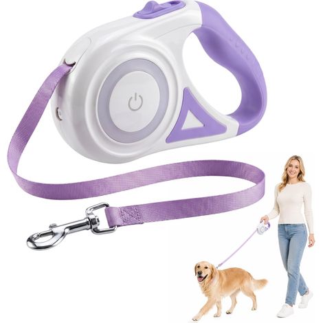 5 Mètres Laisse Rétractable Automatique, Laisse Chien Rétractable en Nylon, Laisse Enrouleur Rétractable avec Lumière LED, Laisse de Dressage Automatique pour Grands Chiens Jusqu'à 50 kg (Violet) (1/5)