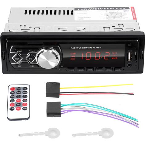 Autoradio simple DIN avec lecteur MP3 Bluetooth, radio FM, kit mains libres, lecteur clé USB/carte TF/entrée auxiliaire et télécommande. (1/4)