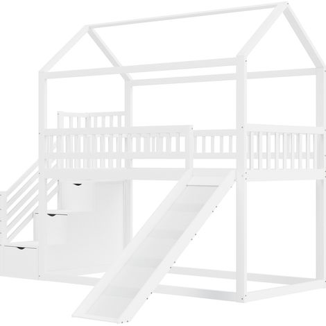 Kinder-Hochbett 90 x 200 cm weiß mit Rutsche und Stauraumtreppe (1/5)