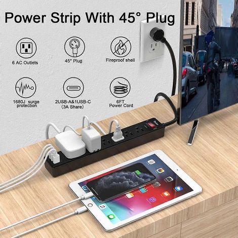 Multiprise de 1,8 m avec protection contre les surtensions, 6 prises et 3 ports USB, noire. (1/3)