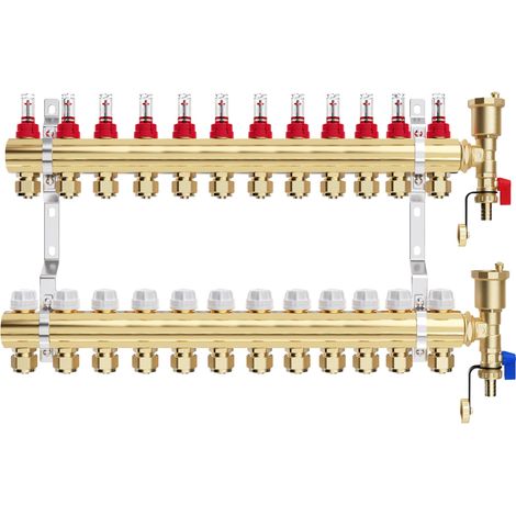Collecteur Plancher Chauffage en Laiton pour 12 Circuits avec Raccord 16 × 2 mm, Collecteur pour Chauffage avec Débitmètres, Kit de Purge Rapide (1/4)