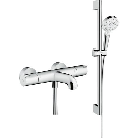Mitigeur baignoire thermostatique HANSGROHE Ecostat 1001 CL chromé + pack pommeau de douche Crometta 2 jets + flexible + barre