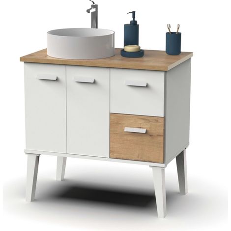 Mueble de Baño Aqua Estilo Nórdico en Color Blanco y Roble Gold con 2 Puertas y 2 Cajones 82x92x50 cm (Lavabo Cerámico)
