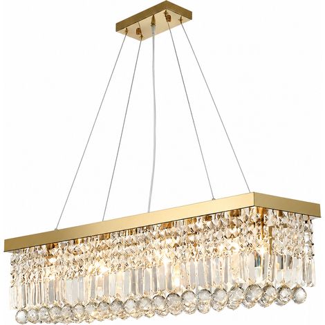 Luxus rechteckige Haengeleuchte Gold 80 cm Kristall Pendellampe mit 8x E14 hoehenverstellbar elegante Deckenleuchte fuer langen Esstisch und Kuecheninsel (1/5)