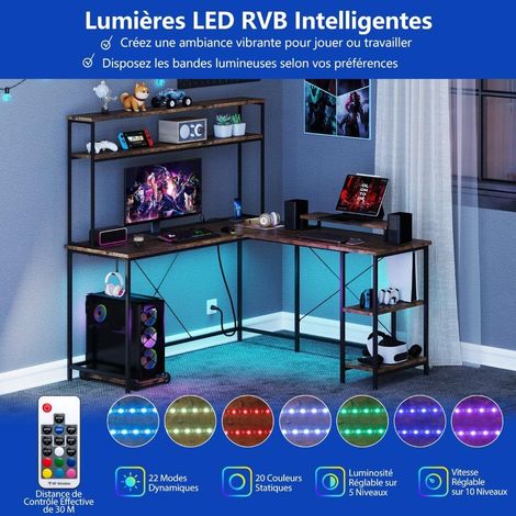 Pour le télétravail ou le gaming, bureau d'angle avec station de charge, LED RGB et design réversible (1/5)