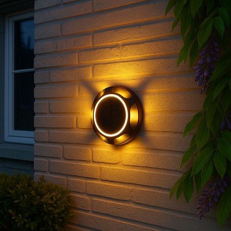 Lampada solare nera da esterno lampada da parete lampada da giardino lampada a spina batteria ricaricabile casa parete resistente alle intemperie, plastica alluminio, 1x LED 3000K, DxH 14x3,6 cm