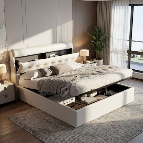 Fashion Upholstered Bed,135190(4ft6), Double Bed,Hydraulic Bed,Concealed Headboard Storage,Bed Box Storage,PU,With Slats and Headboard,Without Mattress,Cream White