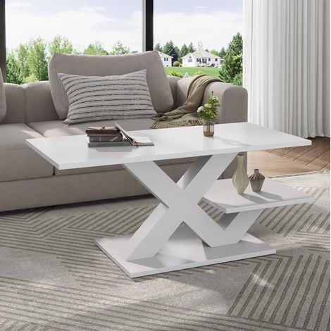 Table basse blanche 100 x 48 x 45 cm en MDF, double plateau, pieds X OKMYHOME (1/5)
