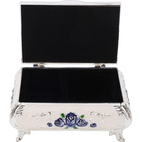 Schmuckkästchen im Vintage-Design mit geprägten Rosen, Zinklegierung, weichem Samt, leuchtenden Farben, glänzenden kleinen Schachteln, Silber, Weiß, Blau (1/5)