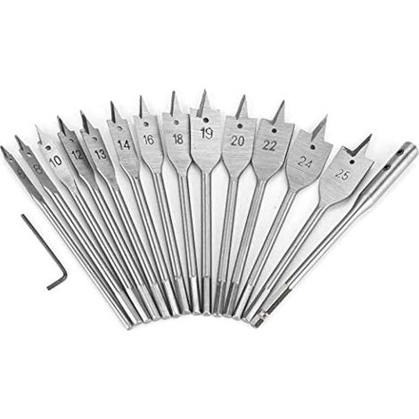 Lot de 15 mèches plates 6mm-25mm, acier carbone revêtement titane, avec clé et levier auxiliaire pour menuiserie (1/5)