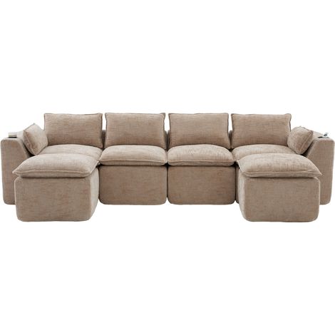 Divano modulare 4 posti con 2 pouf, ciniglia beige chiaro, portabicchieri e tasche laterali (1/5)