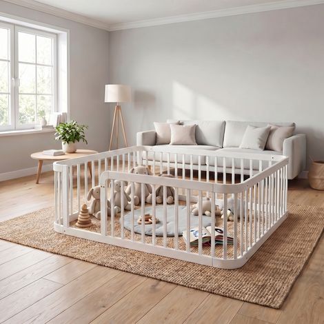 Parc modulaire pour bébé blanc 140×200 cm, espacement standard de 7 cm, bords arrondis, barrière de sécurité universelle pour enfant, usage intérieur (1/4)