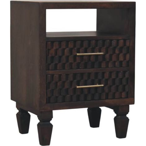 Comodino moderno in legno massello marrone, finitura noce, 2 cassetti e 1 vano aperto