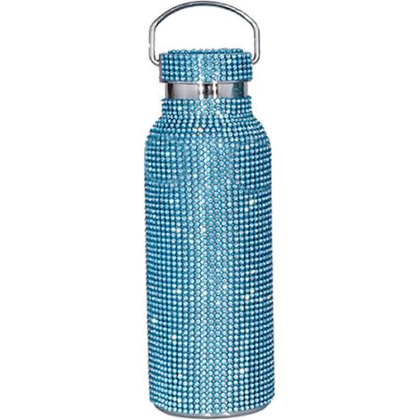 Isolierte Edelstahl-Trinkflasche mit Strasssteinen verziert, 100% neu, blau.