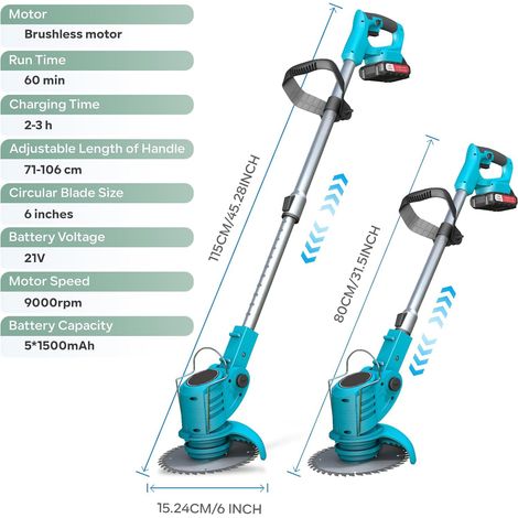 Desbrozadora eléctrica inalámbrica, desbrozadora a batería de 800 W, recortadora inalámbrica con 2 baterías de 21 V, 9000 RPM, mango telescópico de 71-106 cm, 4 tipos de cuchillas, para jardín. (1/4)