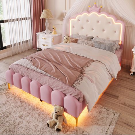Cama tapizada infantil princesa con LED rosa 140x200 OKMYHOME (1/5)