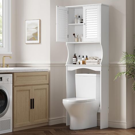 Meuble WC 3 Niveaux avec Portes à Lattes, Étagère Réglable et Crochets Blanc (1/5)