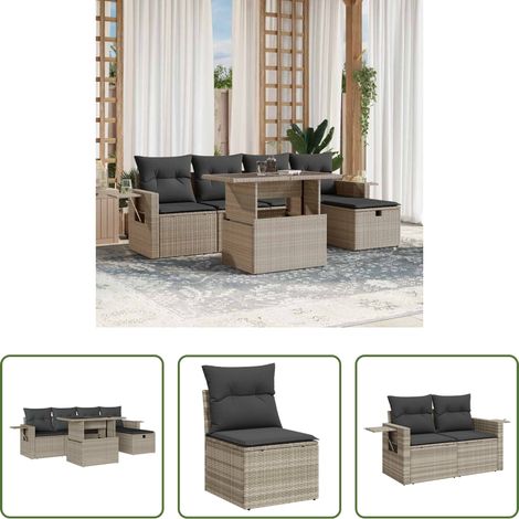 vidaXL Table de jardin - Salon de jardin 6 pcs avec coussins gris clair résine tressée (1/5)