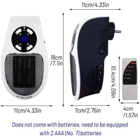 NALOOKAMIC Chauffage Enfichable 500W,Mini Chauffe-Air Électrique Socket, Chauffage D'espace Mural avec Télécommande, Radiateur Électrique Soufflant 500W avec 2 Vitesses D'air, Thermostat, Timer