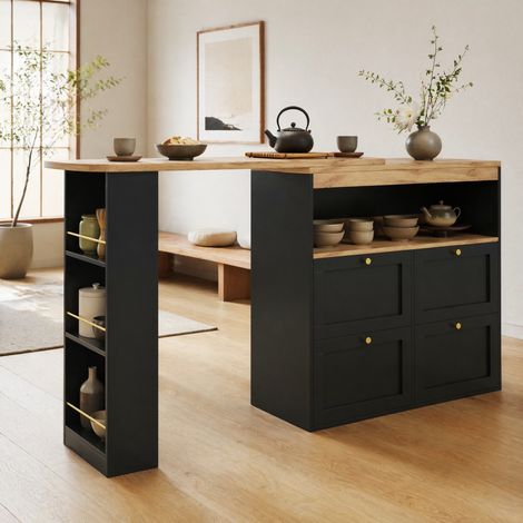 Bar con almacenaje 138x39x102 cm en MDF negro modulable para salón, FLORAGRACE (1/5)
