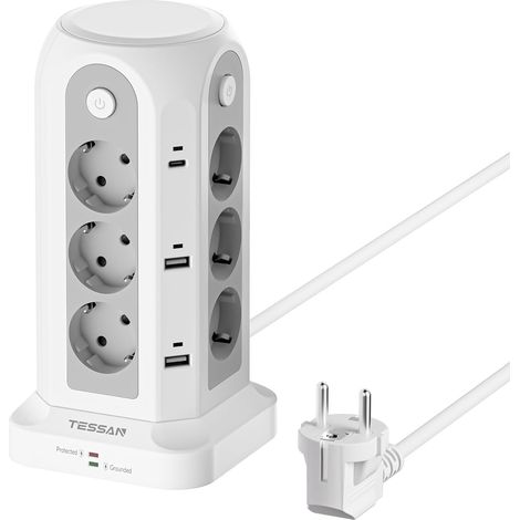 Tour Multiprise avec Interrupteur, Rallonge Electrique 2M, Gris Prise Multiple avec 6 USB (4A2C) et 12 Prises, 3680W, Multiprise Parafoudre et Surtension pour Bureau Maison (1/5)