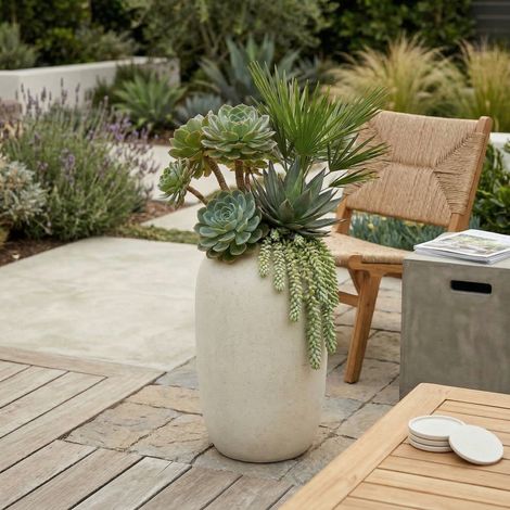 Jardinière, en béton, blanc, 30 x 51 cm, pour jardin et terrasse, grand pot décoratif rustique extérieur intérieur fait main pour patio