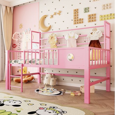 Cama alta baja infantil 90x200 cm rosa de metal con barandillas y almacenaje (1/5)