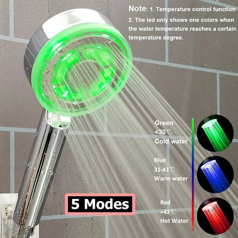 Pommeau de douche LED 5 modes (A) 3/7 couleurs changeantes avec bouton d'arrêt d'hélice, pommeau de douche haute pression turbo et affichage de la température. (1/5)