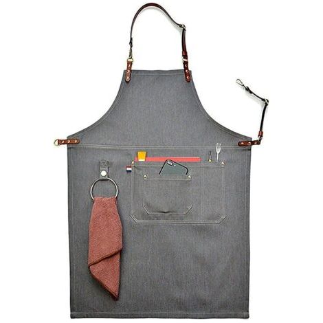 Tablier en denim gris neutre avec sangle en cuir, tablier de protection avec poches, taille M (1/3)