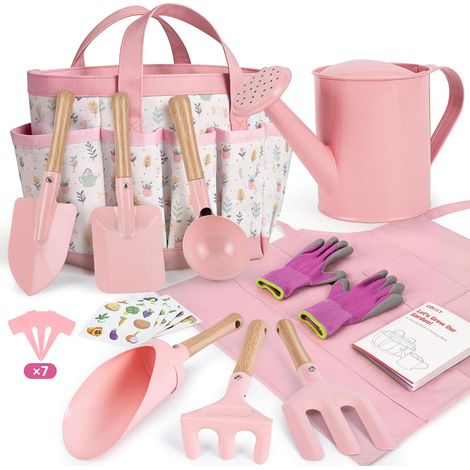 Kit Jardinage Enfant, 13 Pièces Kit Outils de Jardin, Outils de Jardinage pour Enfants, Jouet de Jardin Enfants avec Sac à Main, Tablier, Pelle, Râteau, Arrosoir, Gants, Rose (1/5)