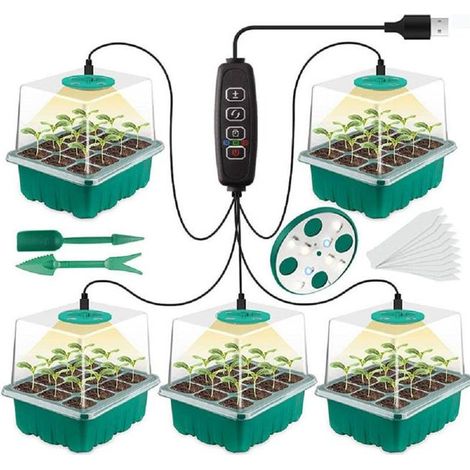 Paquet de 5 plateaux de démarrage de graines avec lumière de croissance, kit de germination en serre pour la culture de graines (12x5, 60 cellules) (1/5)