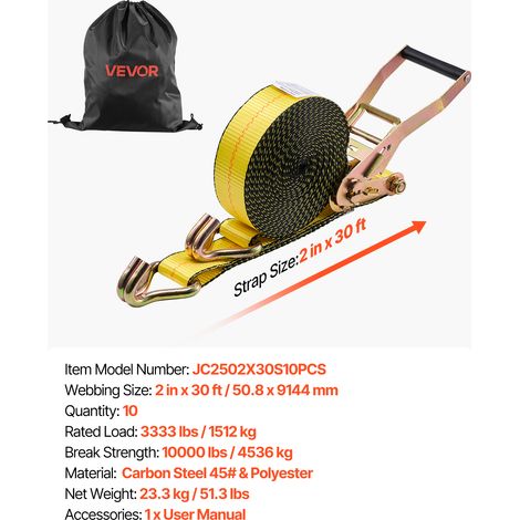 VEVOR Ratchet Straps, 50.8 mm x 9.1 m, Heavy Duty Tie Down Straps with Double J Hook, 4536 kg Break Strength, Tie Down Ratcheting for Moving, Trailers, Motorcycles, Kayaks, Car Roof, 10 Pack (1/4)