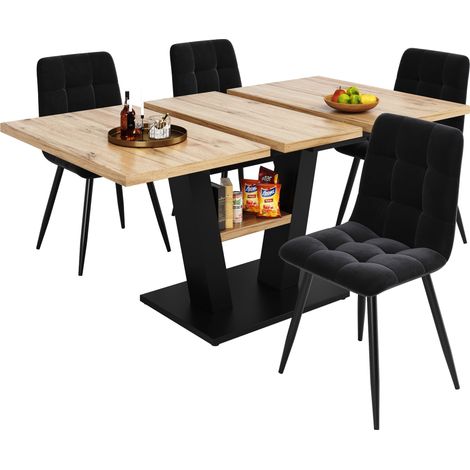 Ensemble table et chaises, 5 pièces, 1 table + 4 chaises, extensible, velours et MDF, bois naturel (1/5)