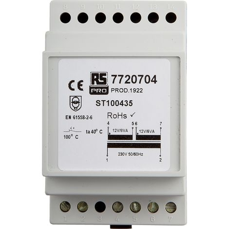 Transformateur rail DIN, Vin 230V c.a., Vout 12V c.a., 16VA, 2 sorties ( Prix pour 1 ) (1/3)