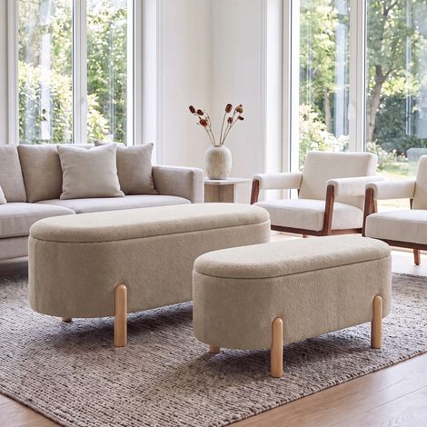 Wahson Lot 2 Banc de Rangement Moderne avec Pieds Bois, 110 & 90 cm, Banc Bout de Lit en Chenille, avec Patins Réglables, Banc Cadre Bois pour Chambre/Salon/Entrée, Marron (1/5)