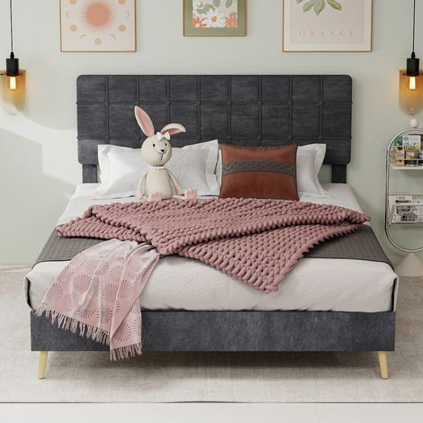 Lit double tissu gris foncé tête de lit à carreaux luxueuse,160×200cm. Confort moderne pour chambre principale. (1/5)