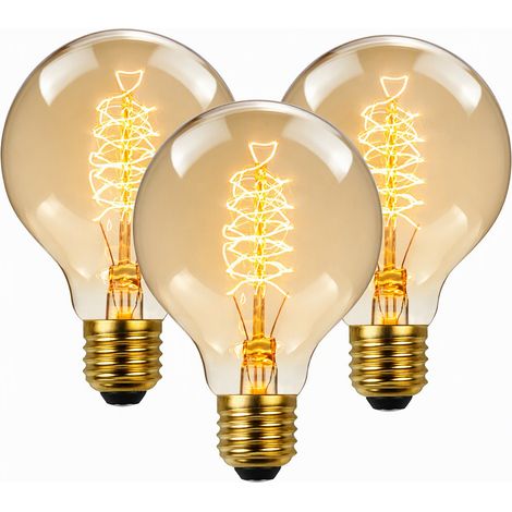 Lot de 3 ampoules Edison filament spiral format G80, 40 W sous 120 V, culot E27, lumière chaude, pour suspension et applique murale