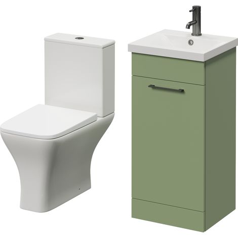 Napoli 390 Olive Green 400mm Single Door Vanity Unit and Kingston Toilet Suite with Glide Basin - 400mm - Gunmetal Grey 160mm Handle