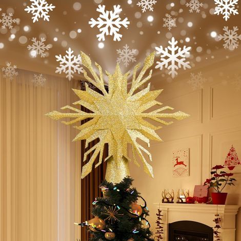 Étoile de sapin de Noël lumineuse avec projection de flocon de neige LED, étoile de sapin de Noël avec projecteur LED rotatif 3D intégré, décoration de Noël pour l'intérieur, la maison, le bureau (dor (1/5)
