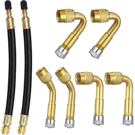 8 Pièces Rallonge Valve Pneu Universelle Extension Valve Coudée 45° 90° 135° avec 2 Tubes Flexibles 180mm Adaptateur Laiton Caoutchouc Adaptateur pour Voiture Moto Vélo Camion Remorque Camping Car (1/5)