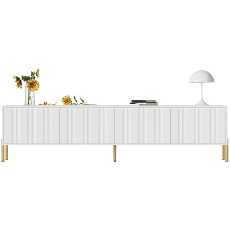 Mobile TV bianco, 190 cm di lunghezza x 38 cm di larghezza x 48 cm di altezza, gambe del tavolo dorate, ante con design scanalato. (1/5)