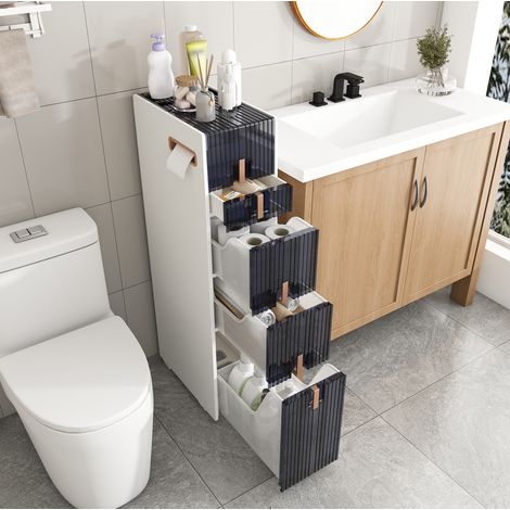 Armario estrecho 38x22x95 cm de PP blanco, con almacenaje para baño en espacios pequeños FloraGrace (1/5)