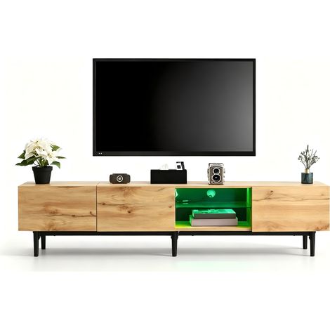 Meuble TV moderne lumière chêne,de 175 cm,éclairage LED RVB,rangements integres,en mdf,pour televiseur,175 x 31 x 41 cm (1/5)