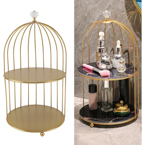 Meuble-lavabo/coiffeuse en métal plaqué or, rangement de table de toilette, étagère cage à oiseaux, métal double couche doré (1/5)