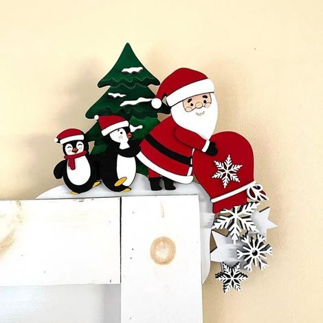 Door Topper - Bois - Décoration Porte Noël - Motif Bonhomme De Neige Père Noël Renne Flocon - 20 cm - Pour Intérieur Porte Fenêtre Mur (1/5)