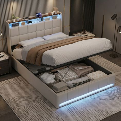 Lit coffre 140x190, lit 140x190 avec sommier, lit adulte, lit double, avec LED, charge USB/Type-C, tête de lit avec rangement, tissu en lin, beige (1/5)