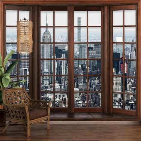 Papier peint panoramique Trompe l'oeil Fenêtre en bois - New York - 130 cm x 104 cm (1/5)