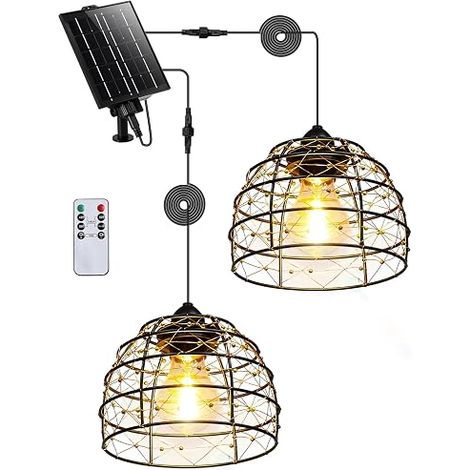 Lampe Solaire Intérieur Extérieur, 2 Suspensions Bohème avec Télécommande, Fonction Minuterie, Jardin Cour Tonnelle Cabanon Gazebo Maison Garage (1/5)